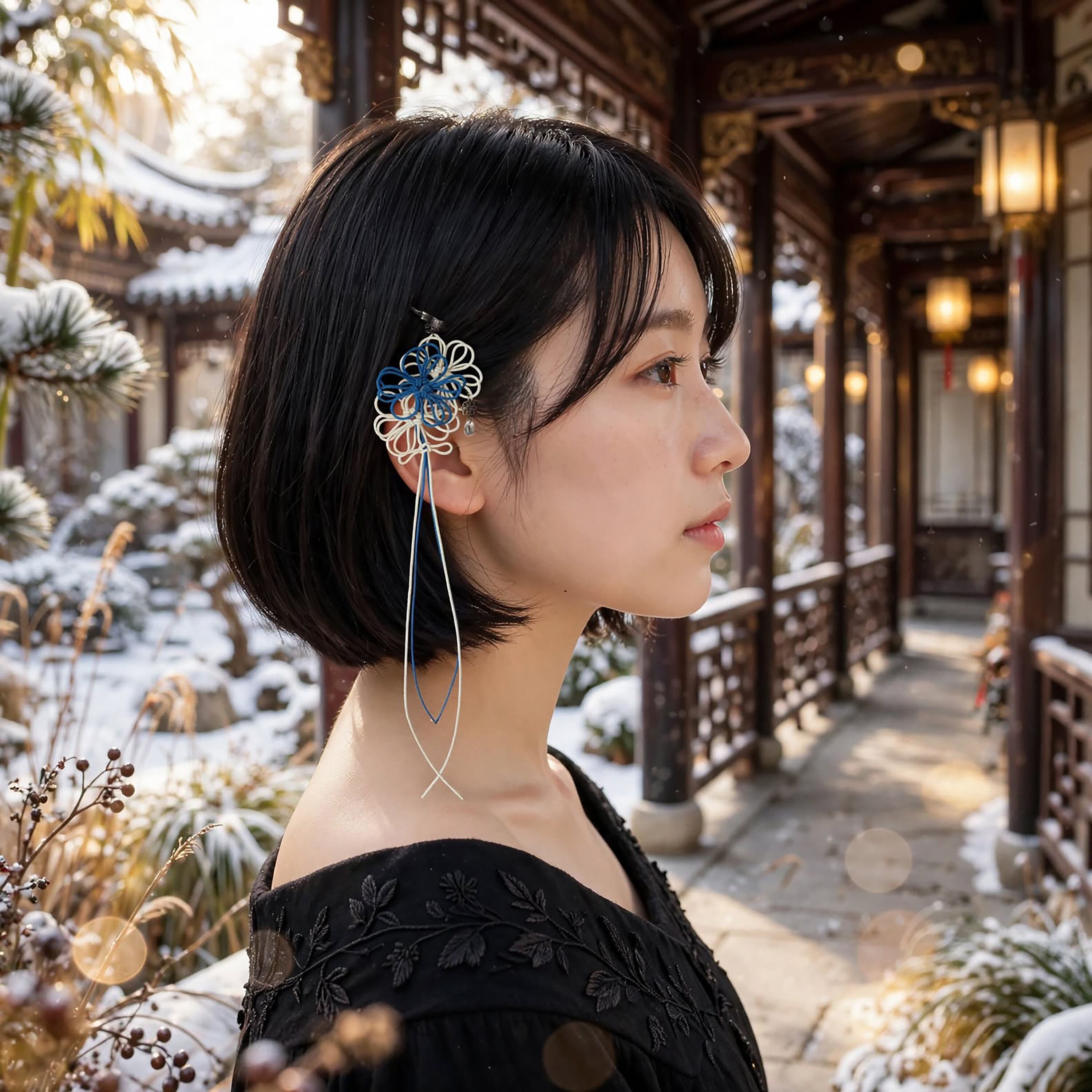 飾り結びヘアピン「輝の雪、此処に」(淡青×アイボリー)【軽量快適】ショートヘアも簡単和風アレンジ。