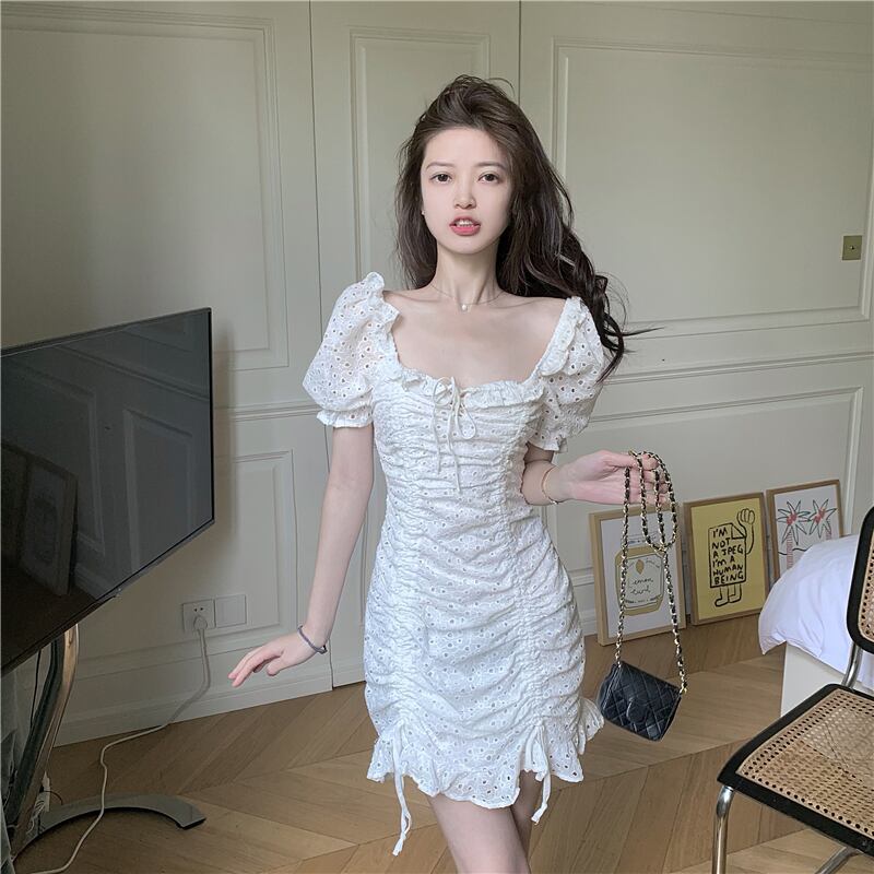 ドレス ホワイトウェストショートスカート サマーカラー 夏物 スクウェア ブラックストロベリース40719692606