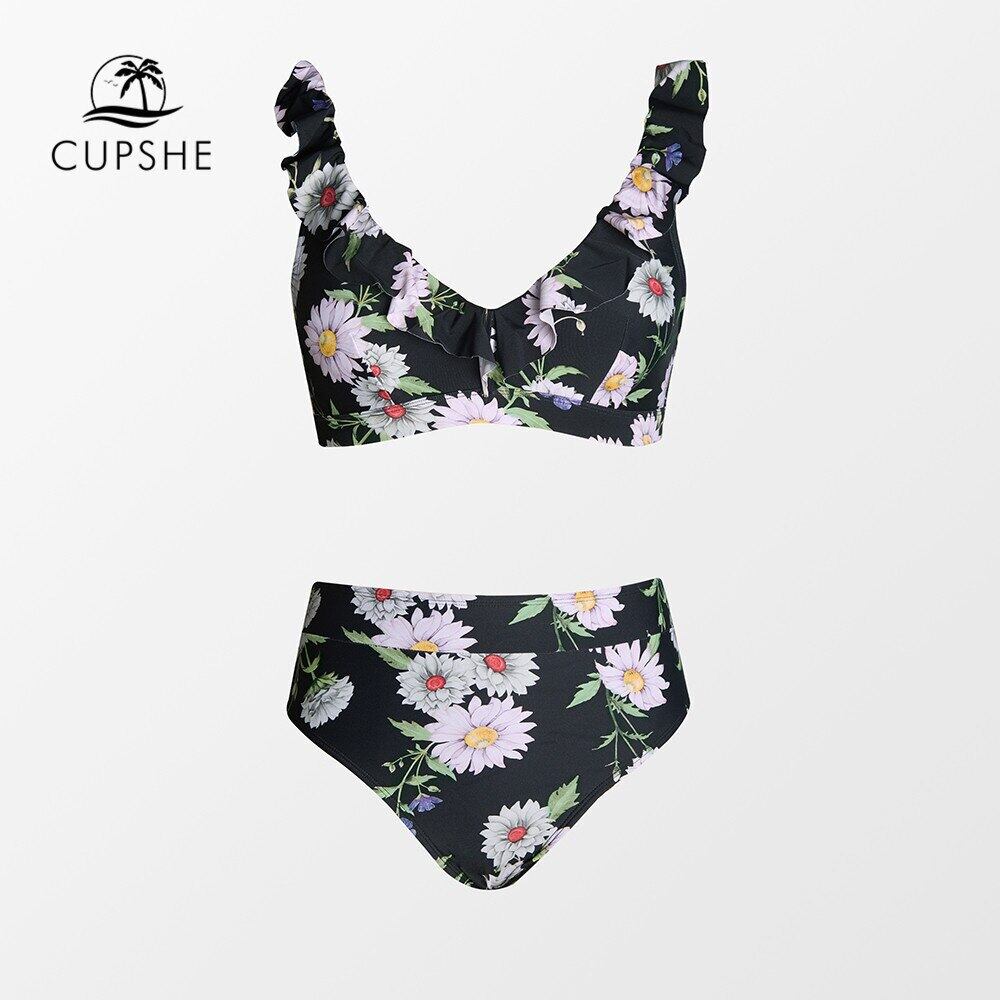 送関込【CUPSHE】フリルティー ブラック ビキニセット 送料無料 CUPSHE 黒花柄フリルウエストビキニセット水着女性の