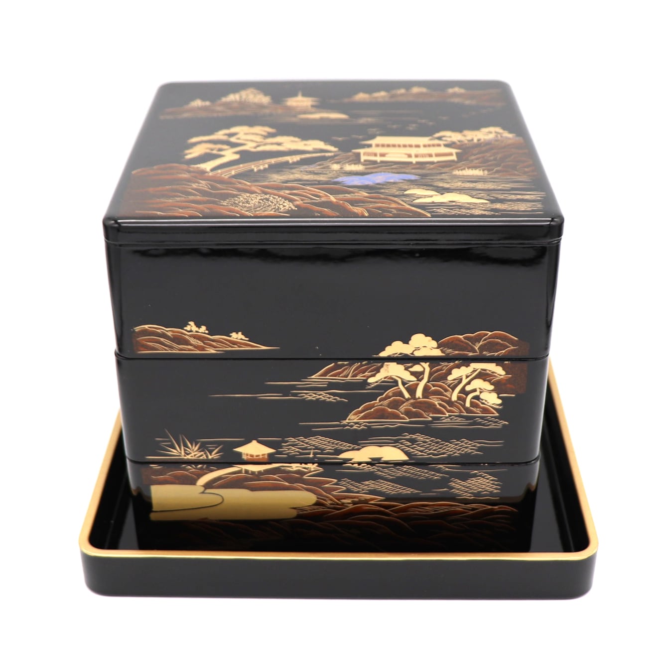 漆器重箱・三段重・山水蒔絵・お盆付・No.201103-35・梱包サイズ100