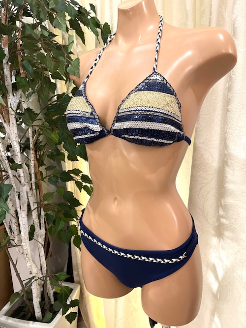 TWIN SET U&B ＜ツインセット ＞Beach Collection  Golden Strips Embroidery Series＜ゴールドストライプ＞　パテット入り三角ビキニセット