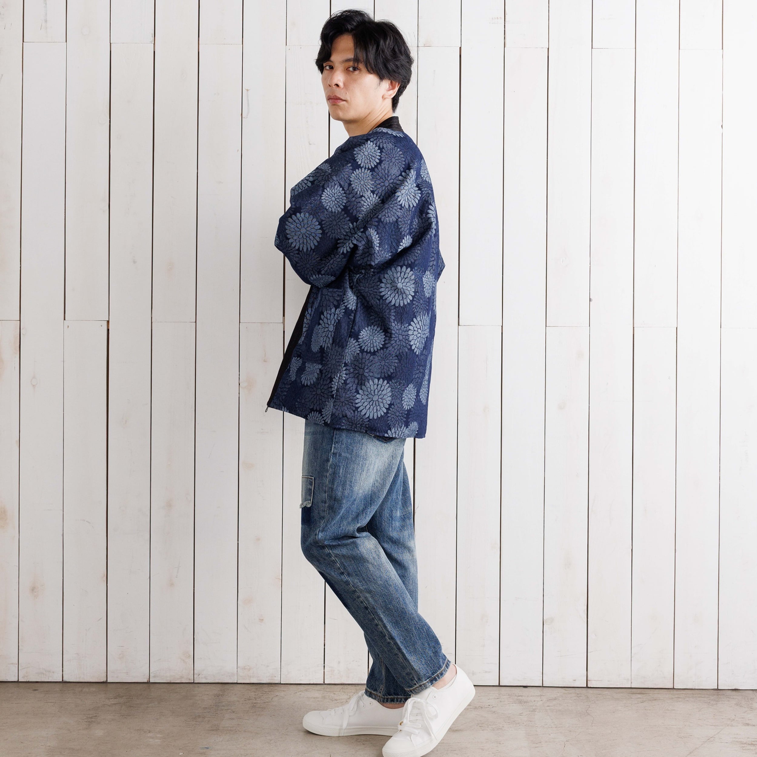 寒風寒波上等デニム半纏（ハンテン）菊柄NAVY ジャガード | Godisru