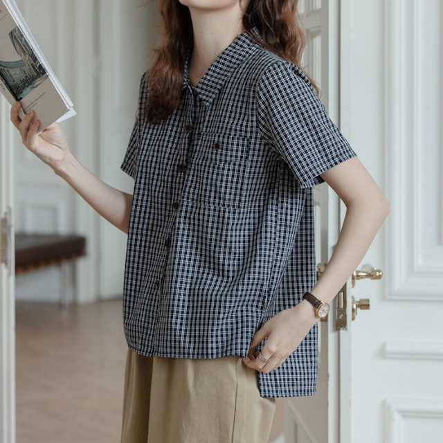 ワーク風ギンガムチェック半袖シャツ　M2255