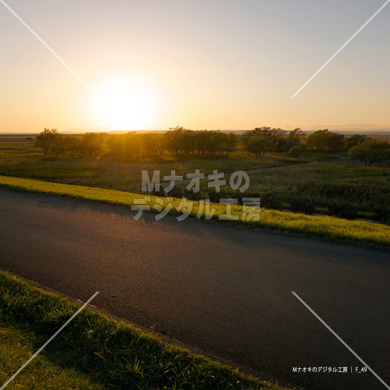 夕日と釧路湿原と道路 【F_49】　Sunset, Kushiro Marsh and Road