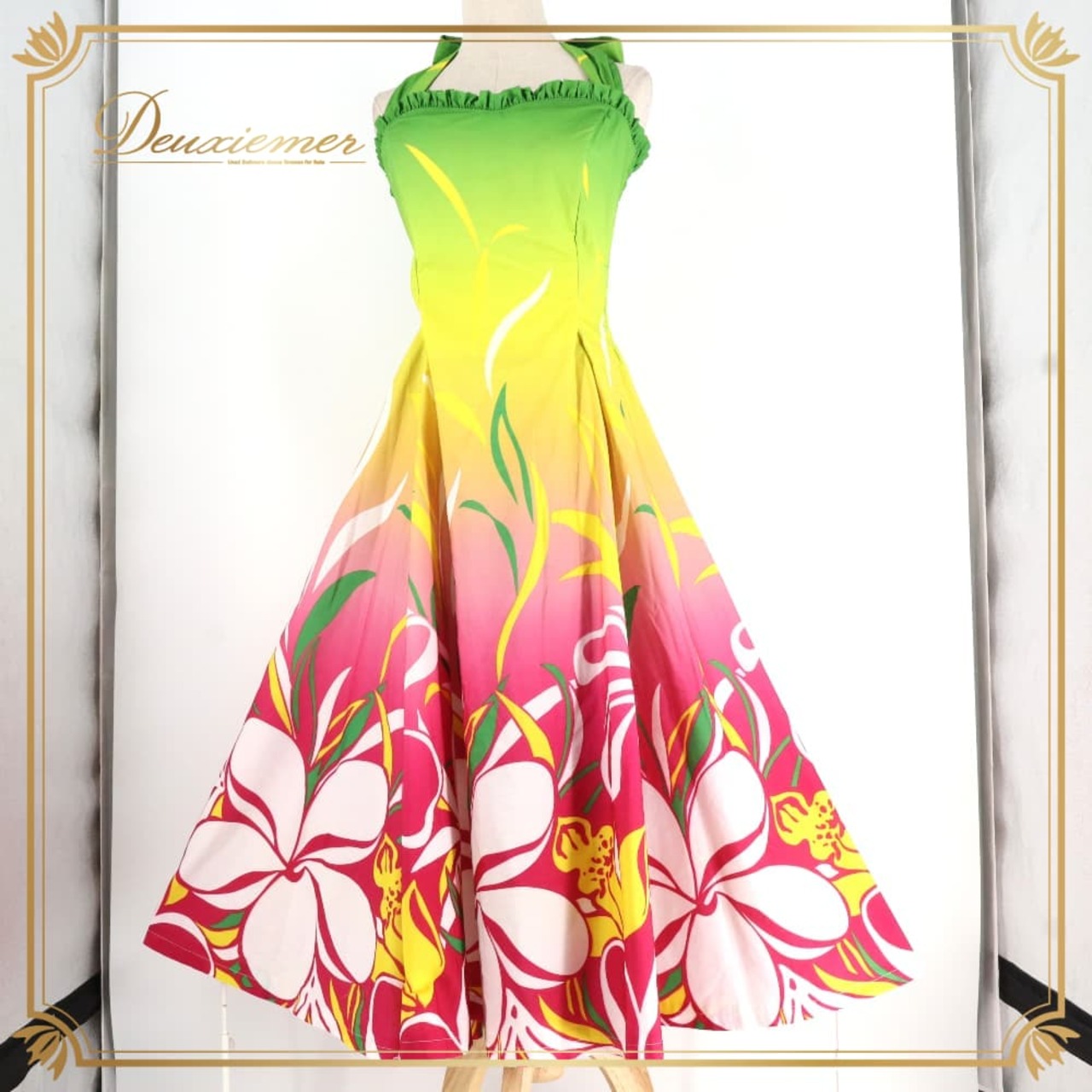 フラダンス 衣装 ALOHA STANDARDS アロハスタンダード ワンピース ドレス グリーン系 プルメリア柄 ハワイアンプリント 花柄 植物柄 ハワイアン アロハ フラ ダンス レッスン 練習 黄緑 緑 黄 ピンク 白 イエロー系 ピンク系 ホワイト系 ハワイアンダンス リボン フリル 華やか 鮮やか かわいい おしゃれ
