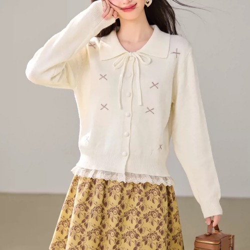 刺繍レースヘムリボンニットカーデ ・79453