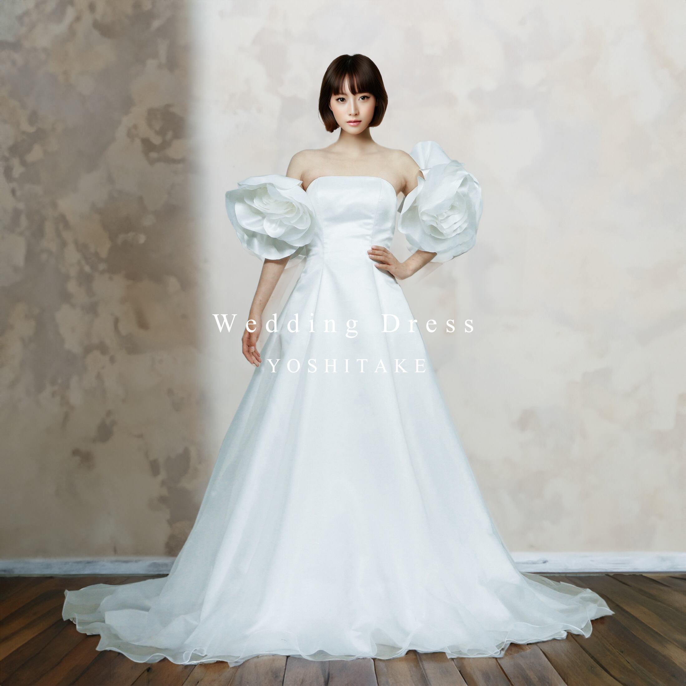 【アウトレット】ウエディングドレス(無料パニエ) ウエディングドレス.白.フラワースリーブ.Aライン.バックリボン.Y2692-1