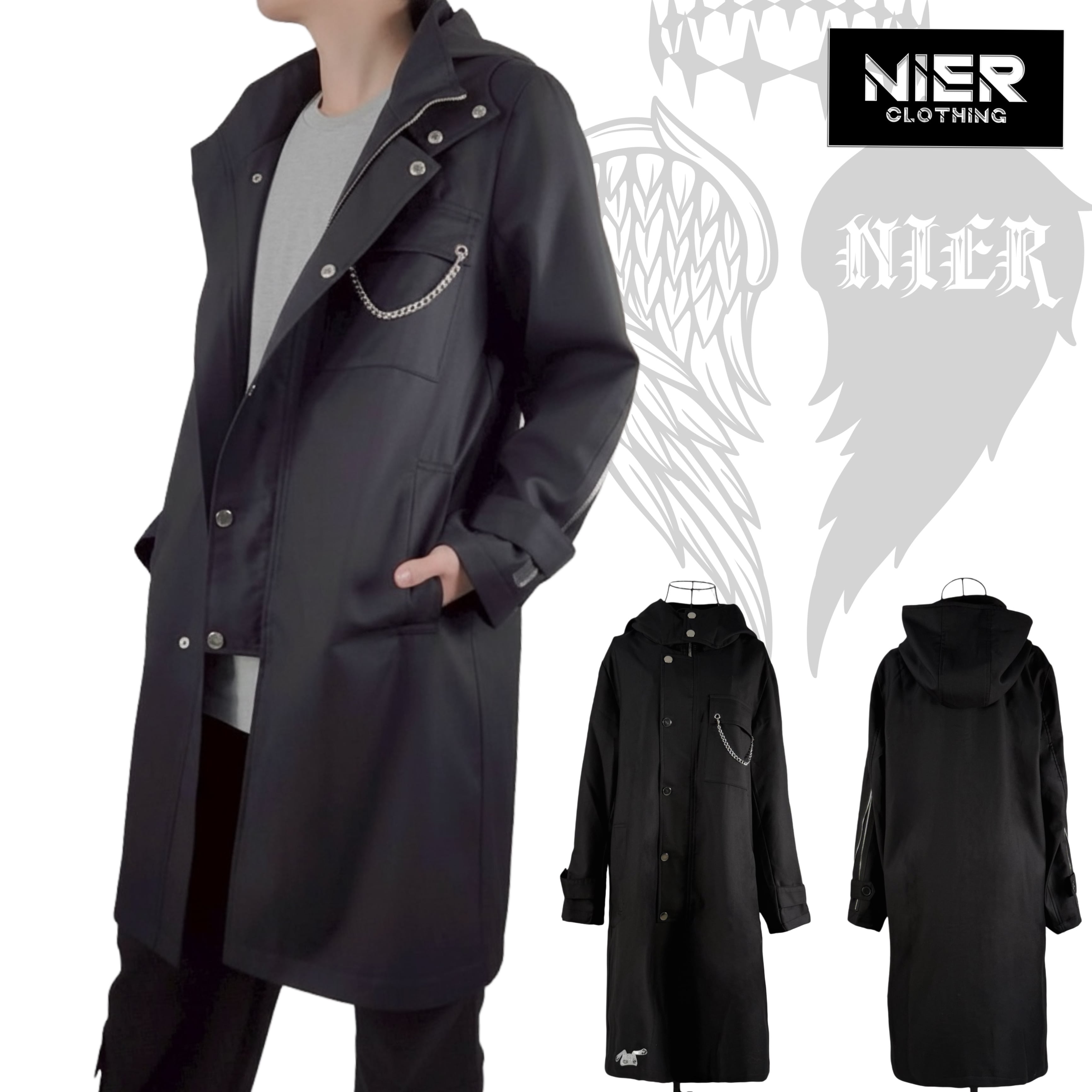 フード付きBLACK HIGHNECK SPRING LONG COAT【ひょっこり刺繍入り