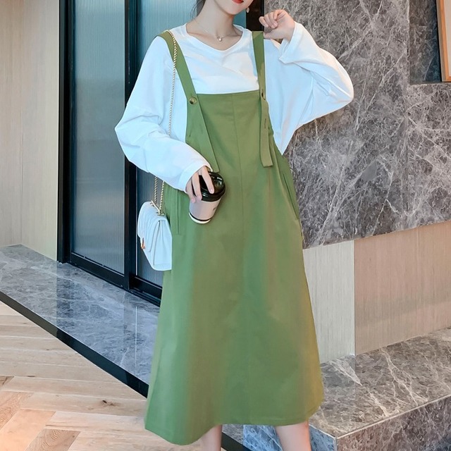 ジャンパースカート レディース 春夏 秋冬 春 夏 秋 冬 スカート ジャンスカ オーバーオール サロペット ひざ下 ミモレ丈 Ol きれいめ マタニティ 妊婦 ゆったり 体型カバー トップス カットソー 長袖 Aライン ジャンパースカート ワンピース オールインワン ミモレ丈