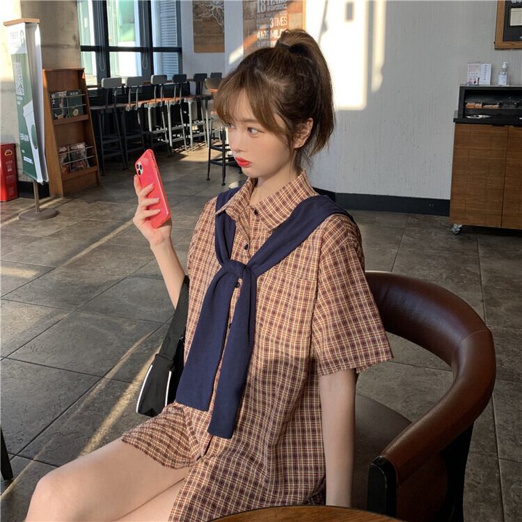 シャツ スプリングスタンダード格子柄トップス ロング レトロ 春物 1号婦人83911104318