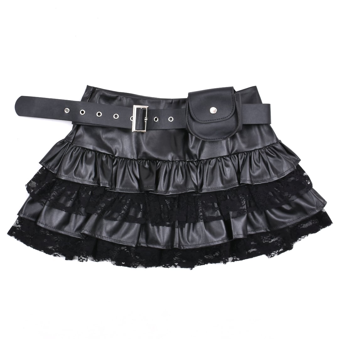 新作】2点セット ベルト付き レースフリルレザースカート