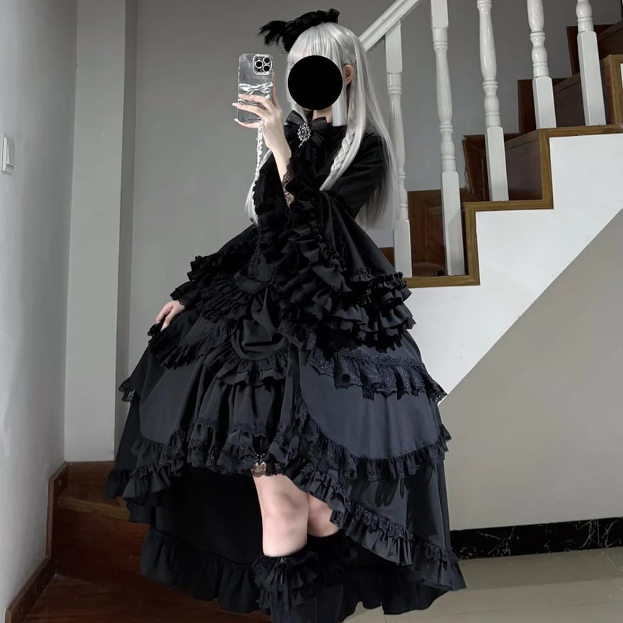 ゴスロリ 姫袖シャツ ネックリボン×レースアップ×フリル 黒｜WithU