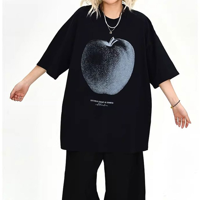 グラデーションアップルプリントルーズラインTシャツ 2col   R02149