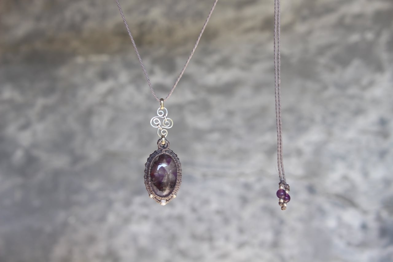 Trapiche amethyst silver925 wirework micro macrame pendant