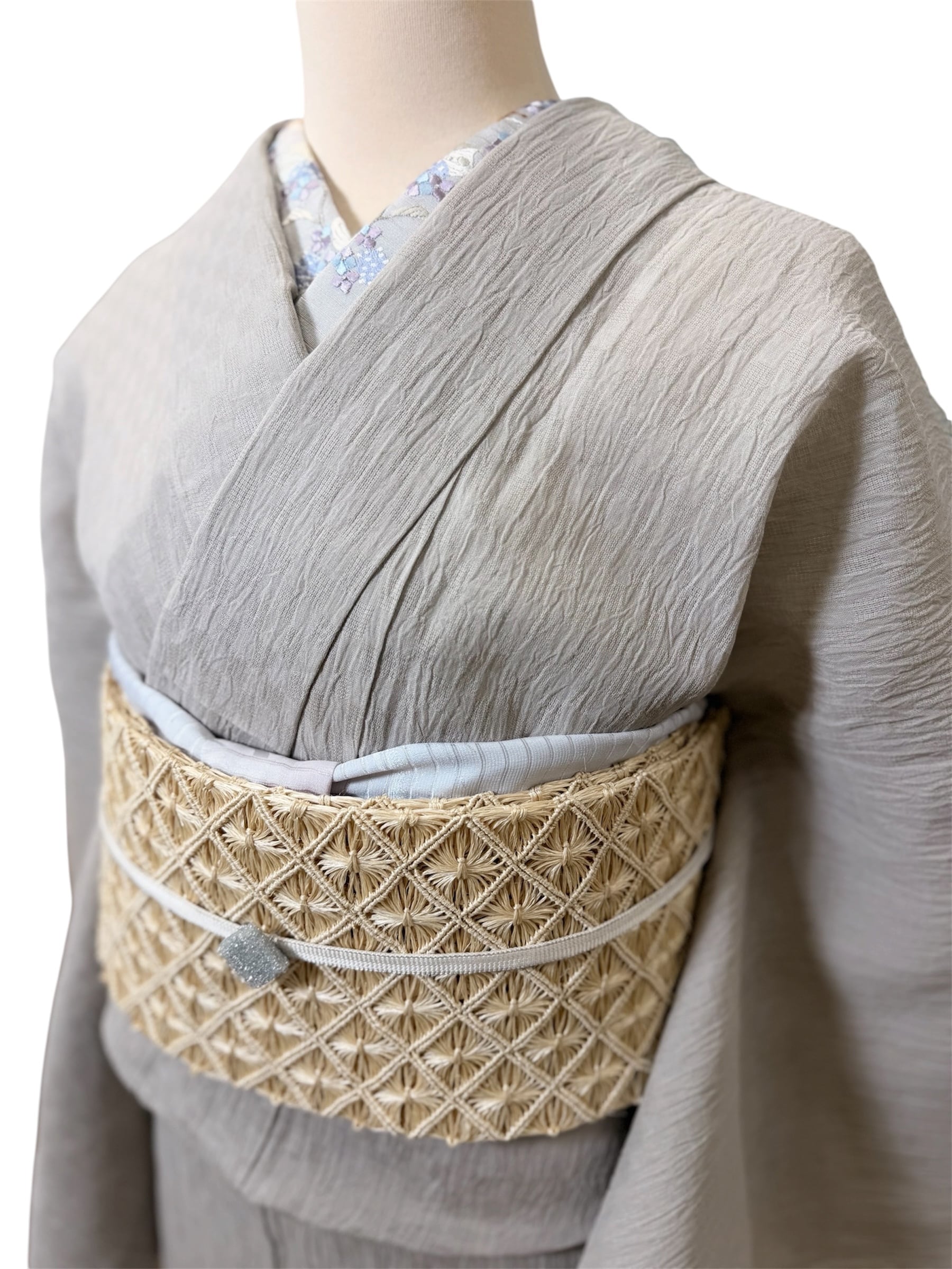 小千谷ちぢみ 麻 プレタ 着物(カラー:グレージュ、サイズ:M)