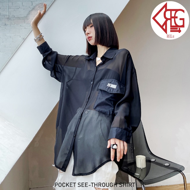 【REGIT】POCKET SEE-THROUGH SHIRT 韓国ファッション トップス シャツ ブラウス シースルー 透け感 オーバーサイズ 個性的 ストリート系 セクシー 10代 20代 プチプラ 着回し 映える ネット通販 TTB042