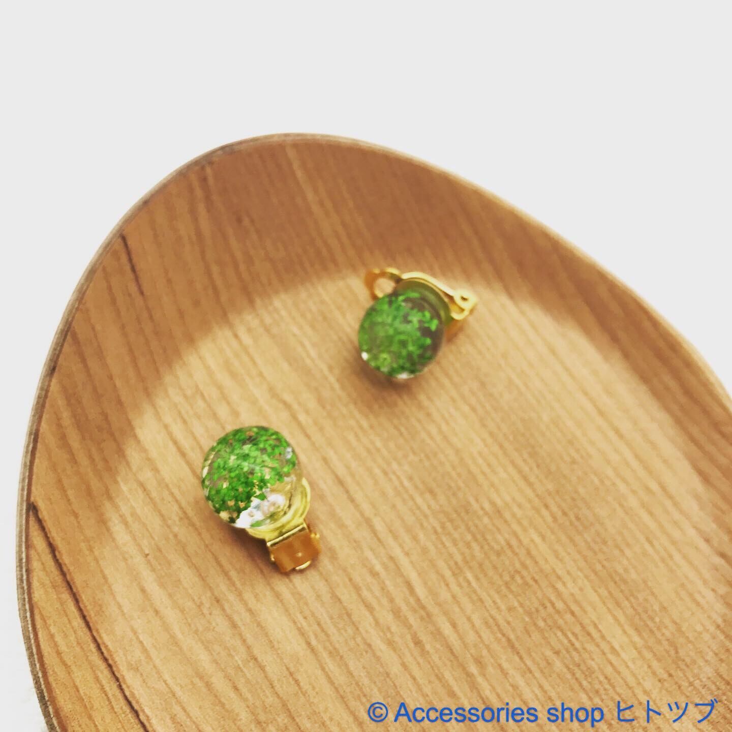 0145:グリーンドライフラワーの球体イヤークリップ