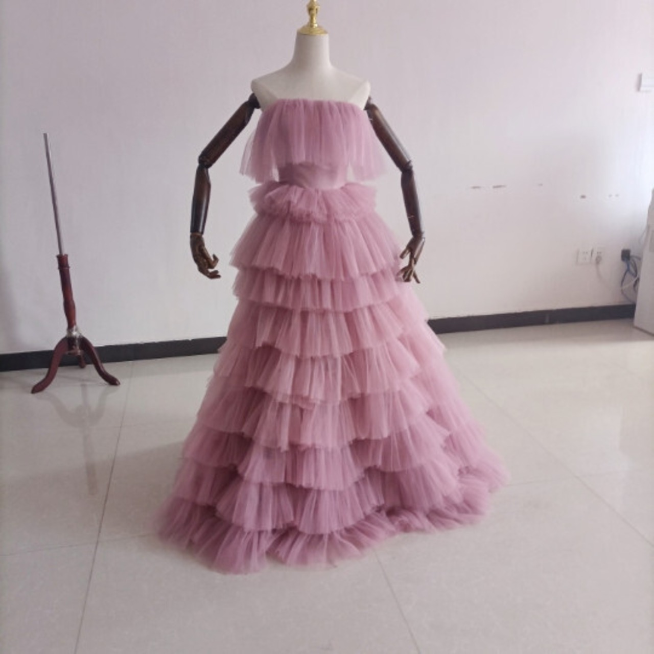 カラードレス ティアードのピンク ソフトチュール ベアトップ フ  