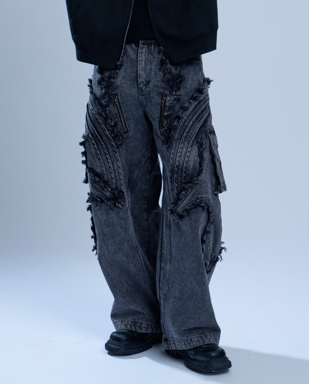 BARCON フリンジエッジテックデニムパンツ Y2K ストリート グランジ