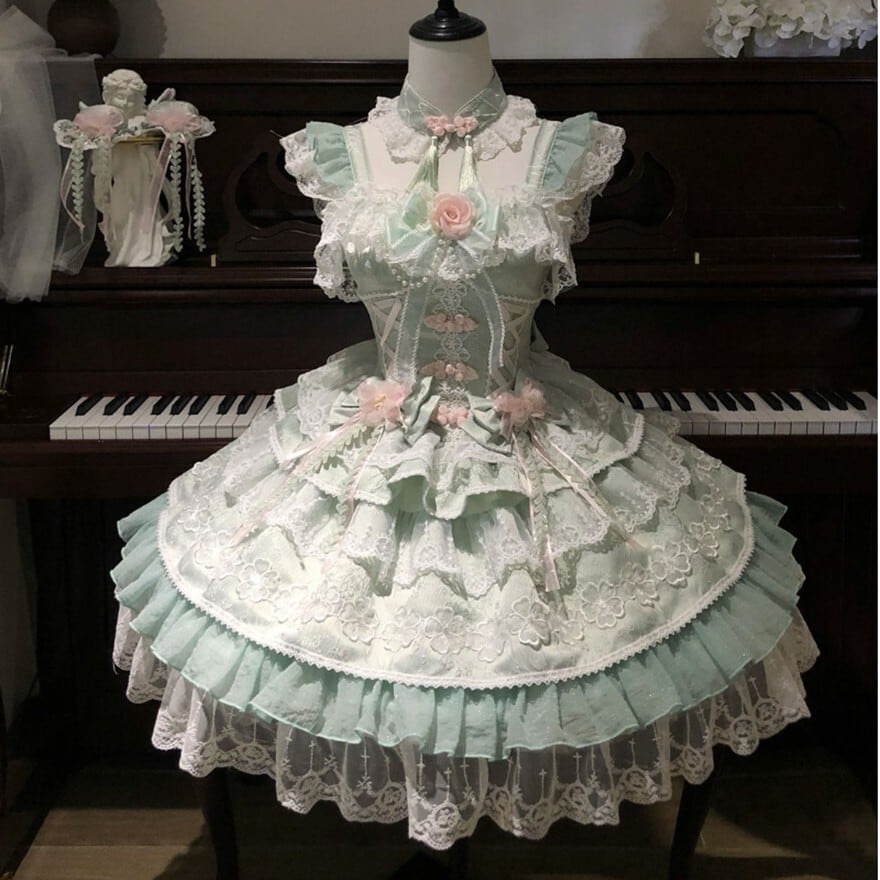 甘ロリJSK 3色展開 豪華レースフリル姫系ロリータドレス パフスリーブ