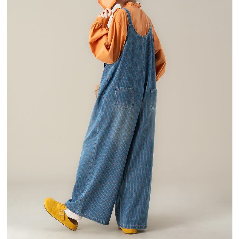 小花刺繍ストライプデニムサロペット M2160