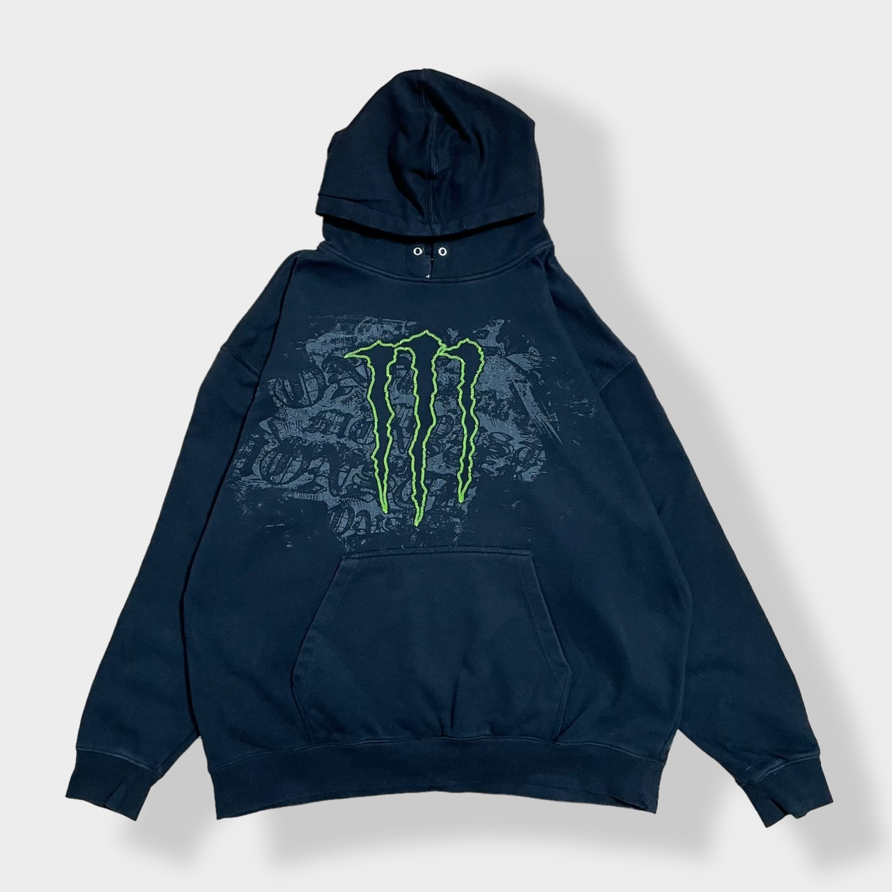 【MONSTER ENERGY】モンスターエナジー　ロゴ パーカー フーディー プルオーバー X-LARGE ビッグシルエット 黒 蛍光色 企業系 オフィシャル アドバタイジング US古着