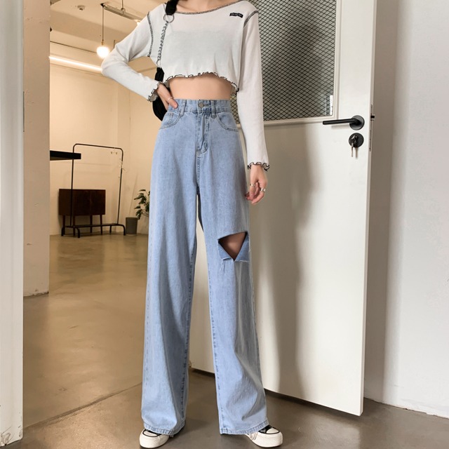 スタンダードハイウェストウェストジーンズ レディーススプリングルーズワイドレッグパンツ レトロ 春物 ワイドパンツ クレセントシティ18204873887