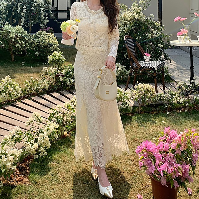 Chest beads elegant single breast slim long lace dress set up ( 3color )