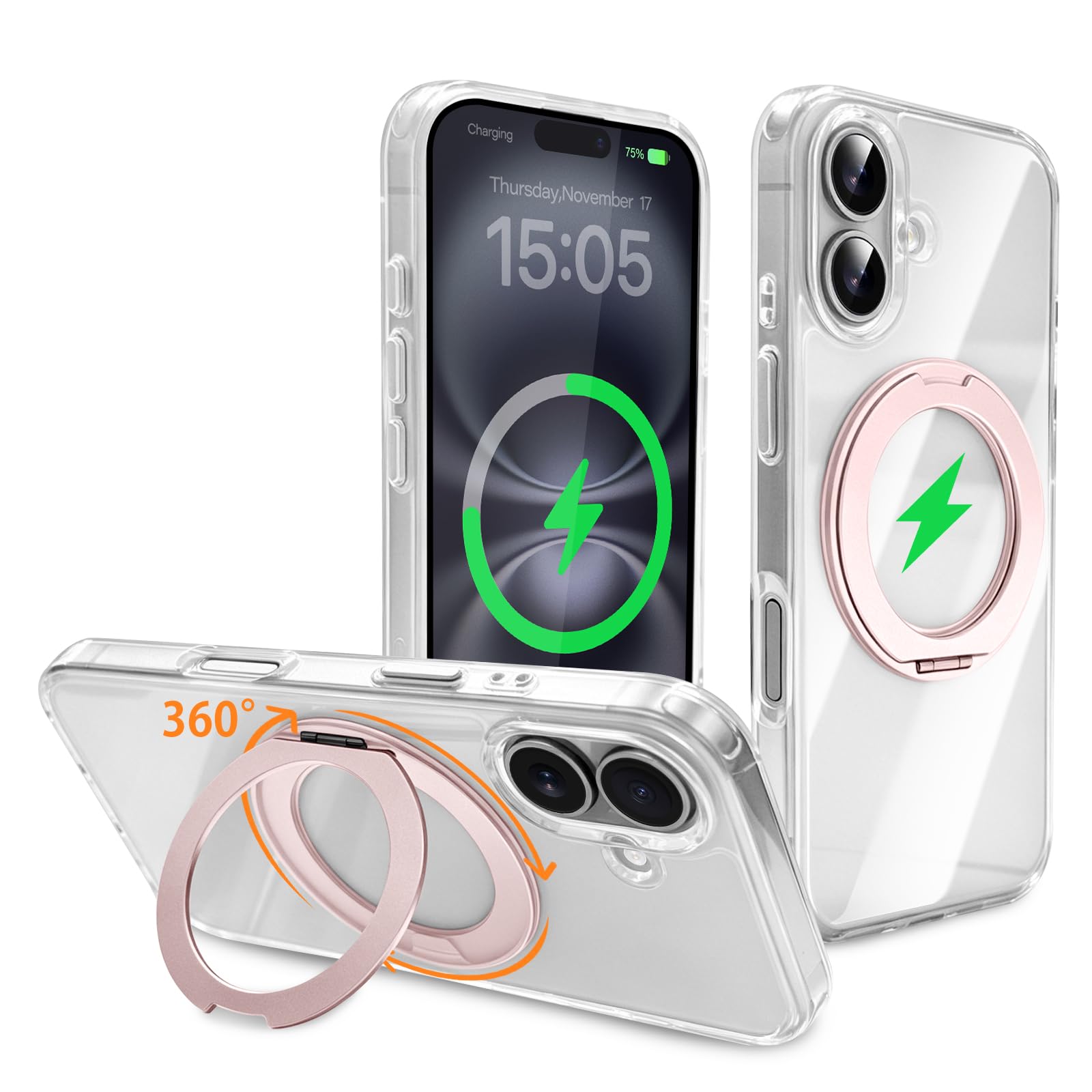 CaseForLuck iPhone 16用 リング ケース クリア 360°回転スタンド MagSafe対応-ローズゴールド