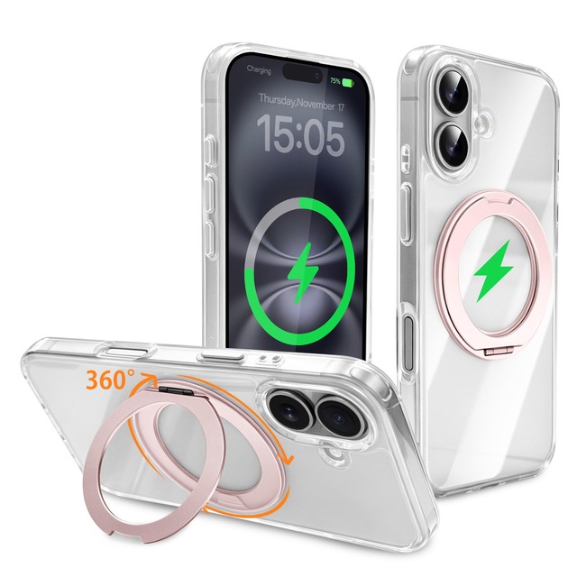CaseForLuck iPhone 16用 リング ケース クリア 360°回転スタンド MagSafe対応-ローズゴールド
