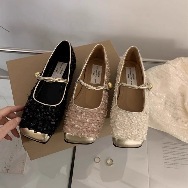 予約販売】パンプス ミュール スクエアトゥ ゴールド スパンコール