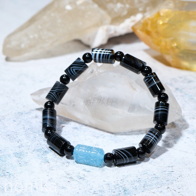 【PRAYER -静寂を回す、清流の守護-】縞オニキス×イアクアマリンマニ車 デザインブレスレット(約17cm) naw25-0027