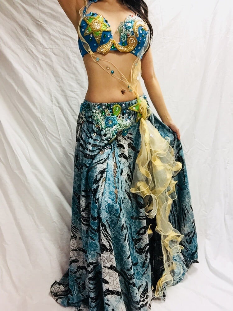 エジプト製　ベリーダンス衣装　ブルー　マンドゥーハ