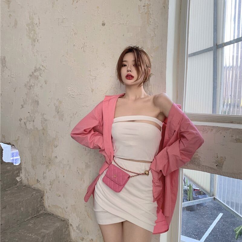 年齢を減らすウエスタンスタイルのスリーピースチューブトップベストバッグヒップスカートオールマッチシャツファッションスーツ女性2020年秋ニュースタイル ドラファッションホール76783783192