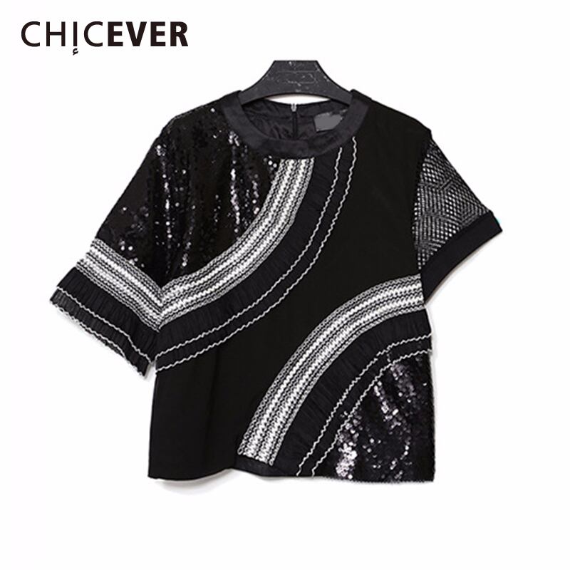 CHICEVERスパンコールパッチワークシフォントップス不規則な半袖OネックTシャツレディース2020夏服 ショート ハーフスリーブ サマー 夏物 6base558776063965