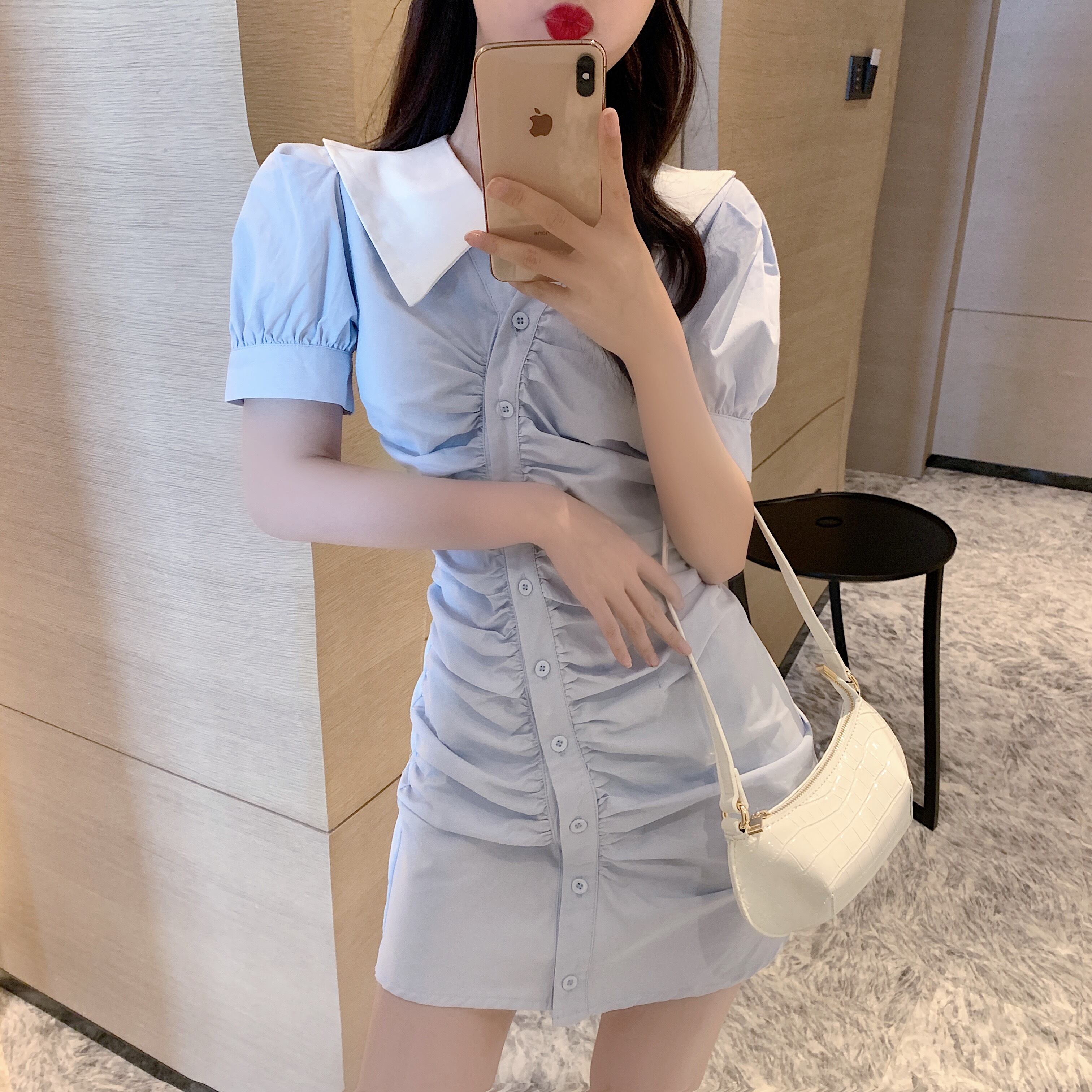 ショートスカート サマースタイルスリーブウェストドレス 夏物 ステッチ ハンチェンe24193648048