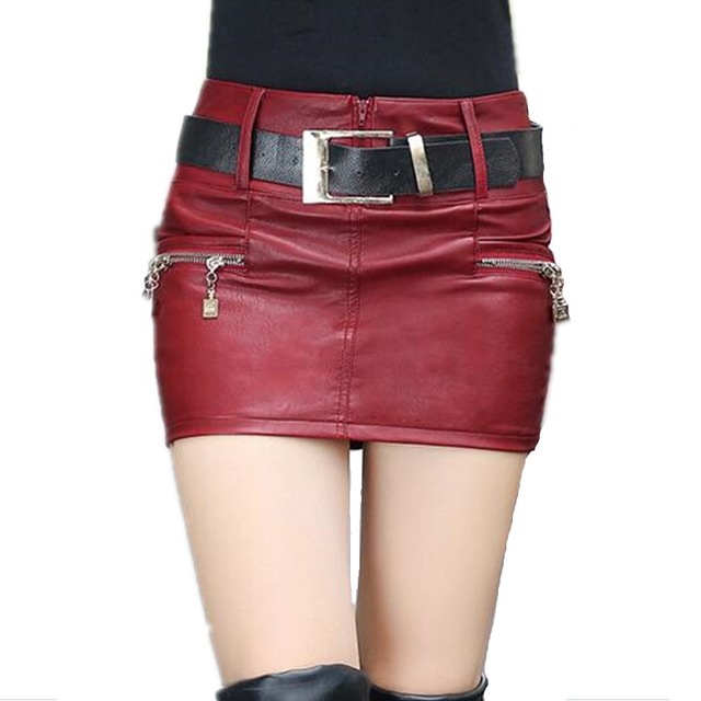 新しいファッションスリムパッケージヒップ女性のスカート短いビッグサイズpuレザースカートセクシーなミニ鉛筆のスカート赤黒1039