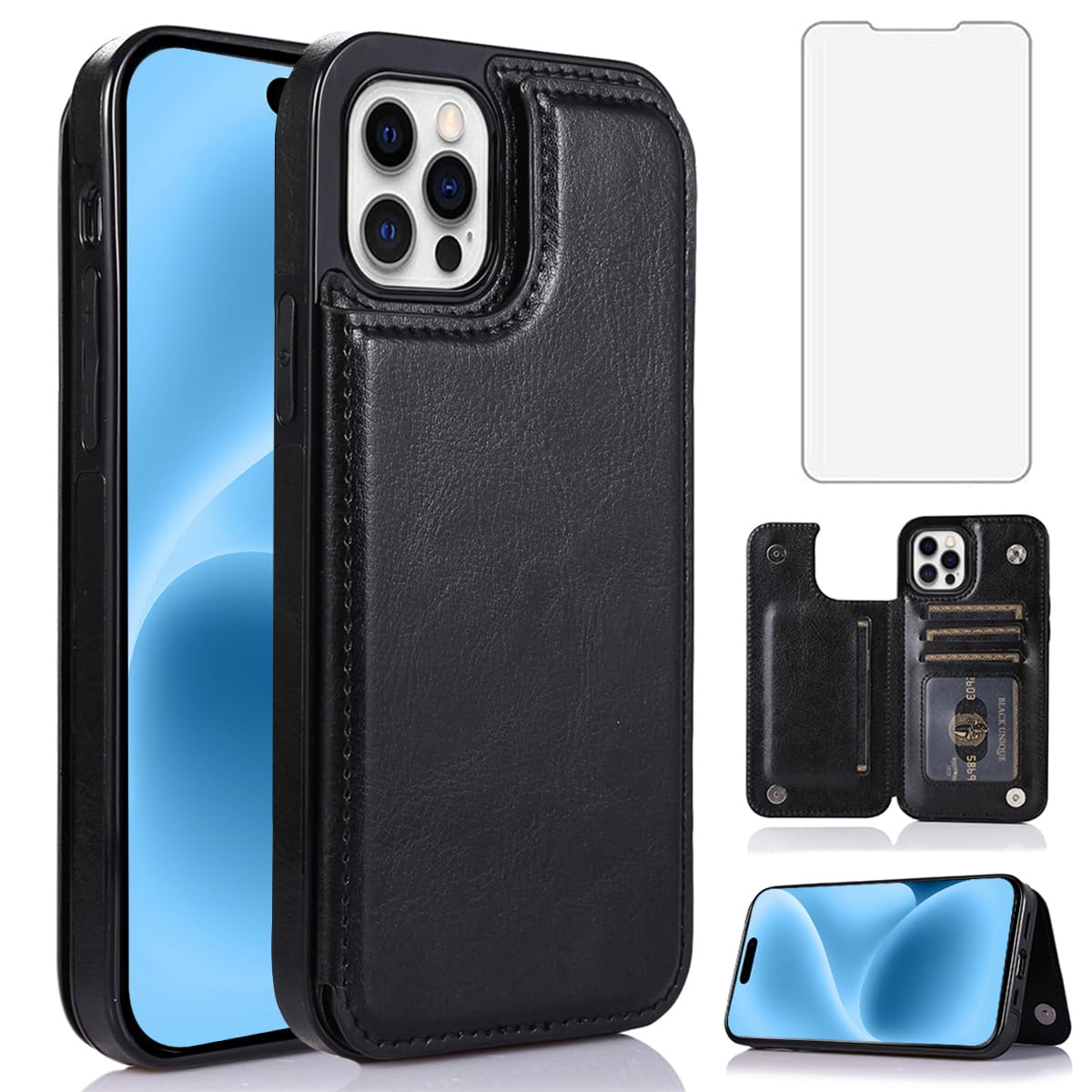 NKECXKJ iPhone 16 Pro 用ケース, ICカード収納 背面 手帳型 PUレザー 財布型 スマホケース ホルター付き収納 スタンド機能 耐衝撃 アップル アイフォン16プロ あいほん いphone16pro アイフォン16プロ iphone16プロ 対応 携帯カバー レディース メンズ 6.3 インチ(黒 ブラック)