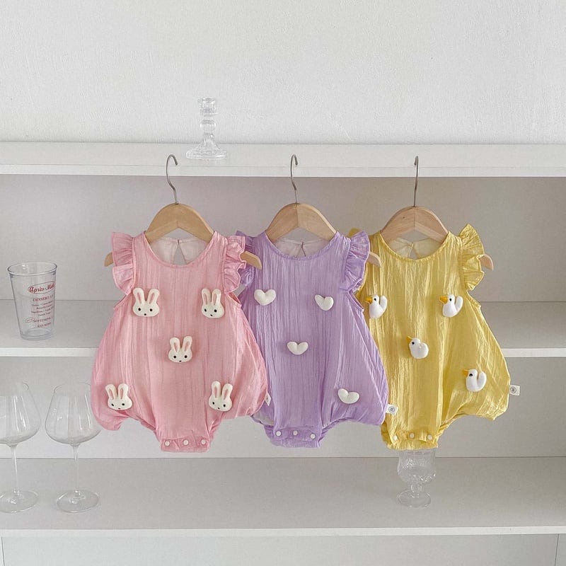 【BABY】夏新作 フレアしわ動物柄ロンパース