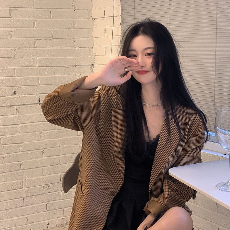 ジャケット スタンダード格子柄ルーズスタイルスプリングカジュアル レトロ 春物 ブラックストロベリース59825205862