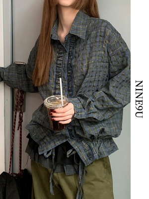 drawstring plaid loose shirt【NINE9721】