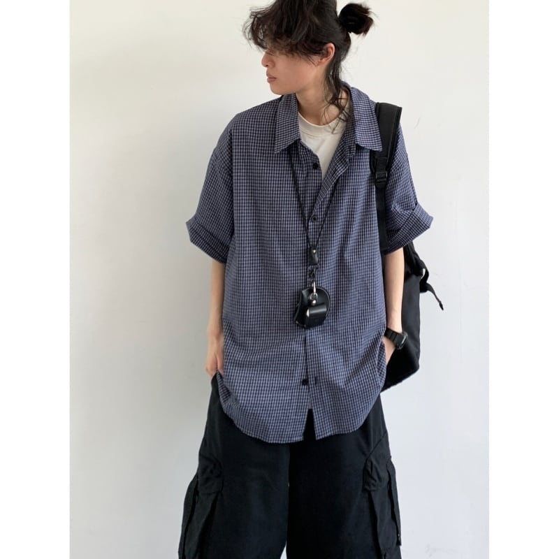 jiwuusリラックスチェック柄半袖シャツ