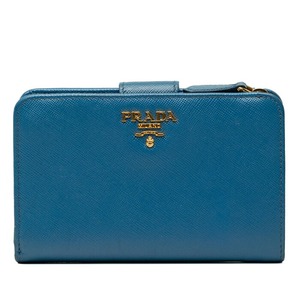 プラダ ロゴ 二つ折り財布 ブルー サフィアーノレザー レディース PRADA 【中古】