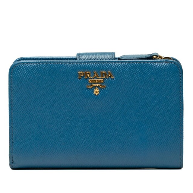プラダ ロゴ 二つ折り財布 ブルー サフィアーノレザー レディース PRADA 【中古】