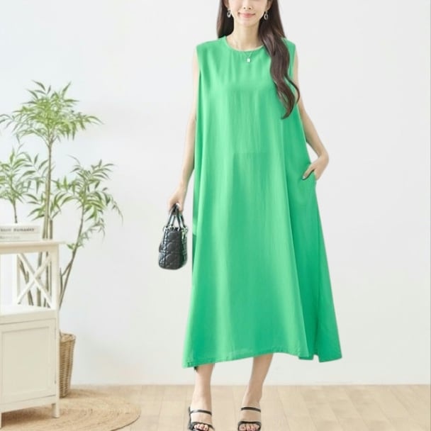 ロングワンピース ノースリーブ Aライン フレア サイドスリット amie studio N82-767 エメラルド M L fmsd ゆったり 体型カバー ミセス 春夏 きれいめ 大人カジュアル上品 リゾート