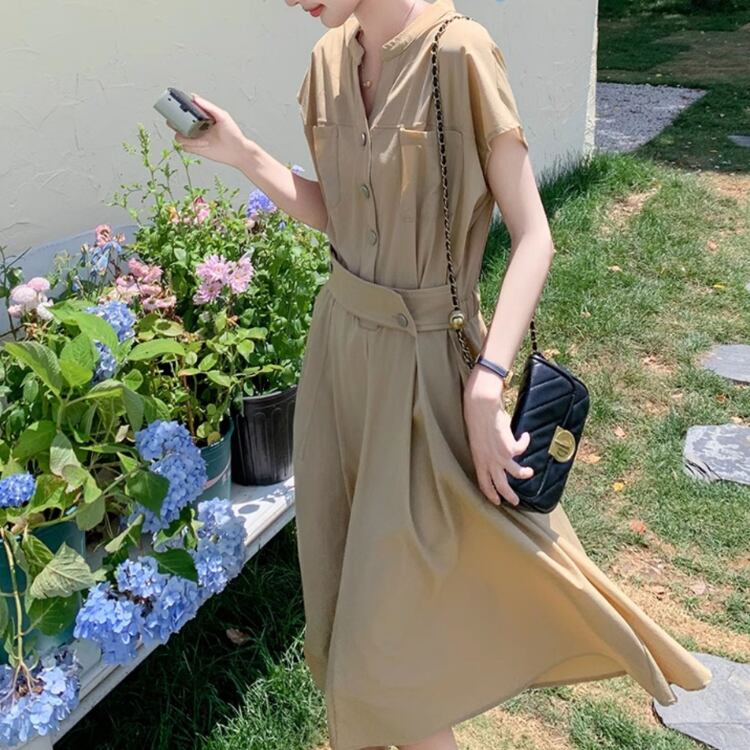 ベルト付き Aライン 半袖 ボタンダウンシャツワンピース 00011