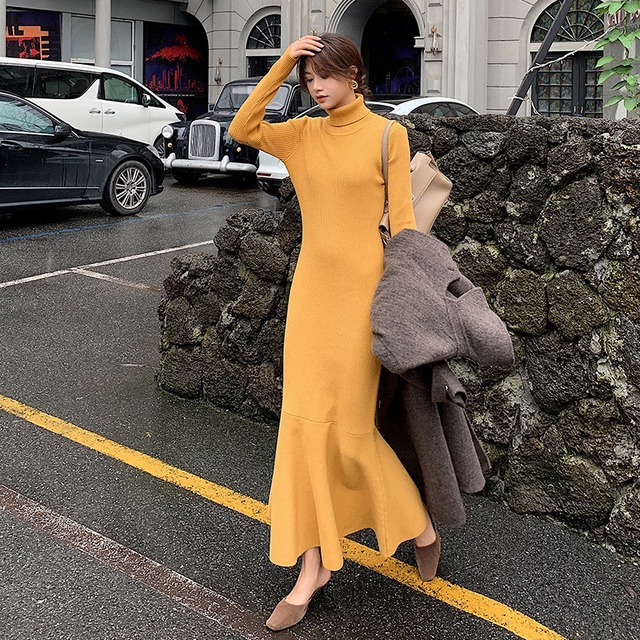 マーメイドライン タートルネック ニットワンピース マスタード OP00179
