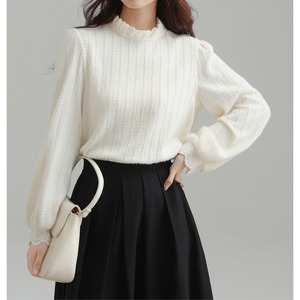 ケーブル編み 縦ライン  パフスリーブハイネック トップス  00187