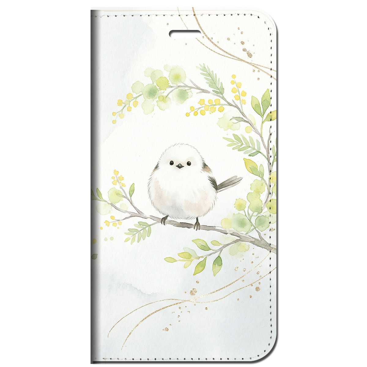 iPhone対応 スマホ 手帳型ケース シマエナガ ミモザ 水彩 アイスグレー ピスタチオグリーン 鳥 春 ボタニカル 水彩画 大人可愛い 癒やし 雪の妖精 小鳥 スマホケース スタンド 【iPhone17 / iPhone16e / iPhone16 他 iPhone各機種対応】 |ianuan03