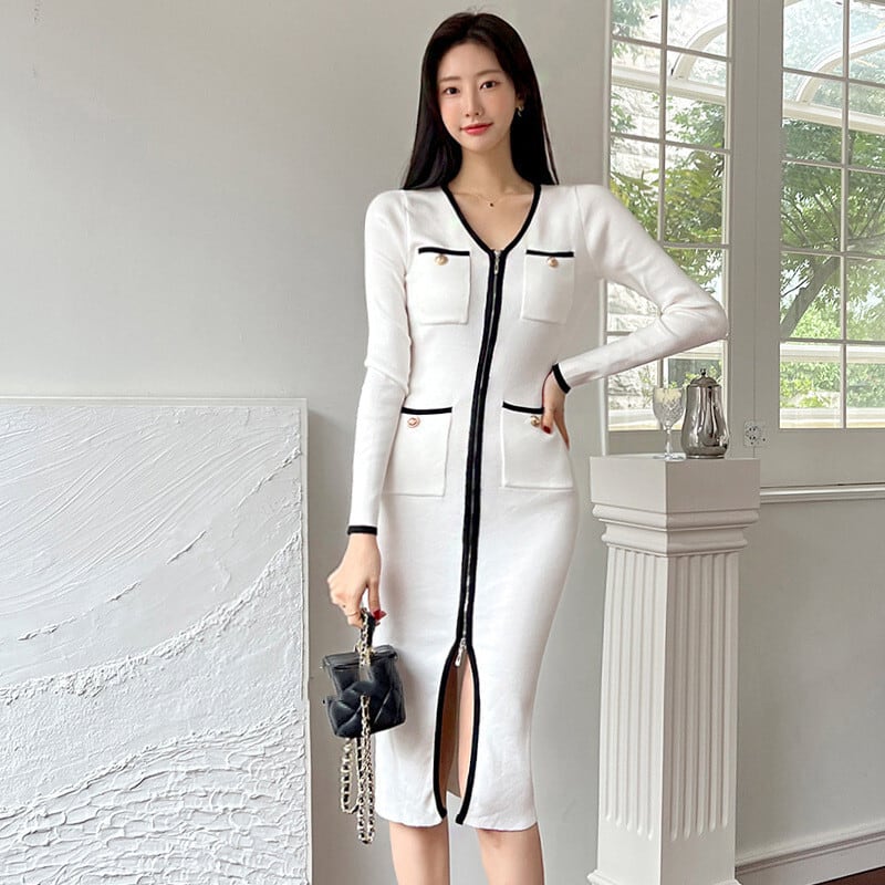 ニットワンピース タイト ストレート シンプル バイカラー 膝下丈